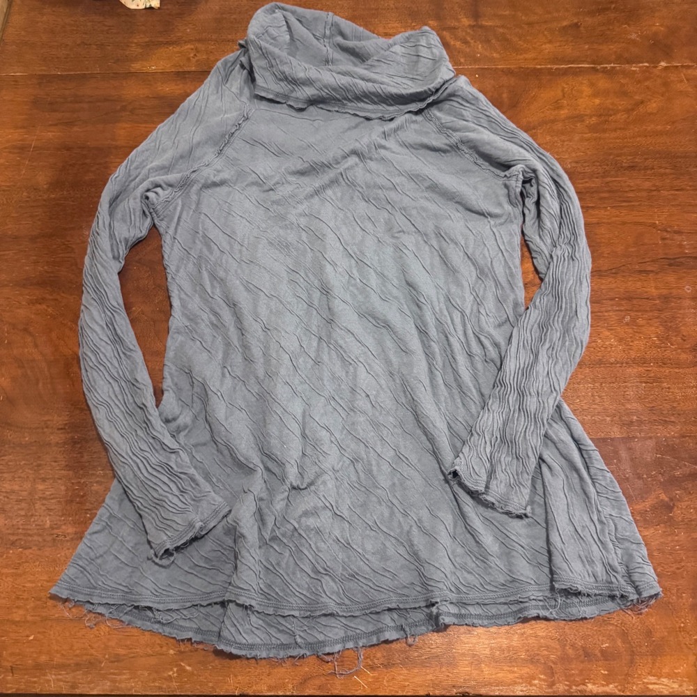 Cut Loose Blue Supima Cotton Crinkle Cowl Neck Tunic Top Small Made in USA - Picture 2 of 6